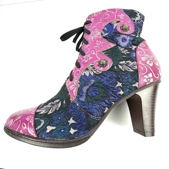 Boho Ankle Boots 42 Colorful Retro Hippie Lace Zip Up Bootie Womens Unique NEW - Picture 14 of 14